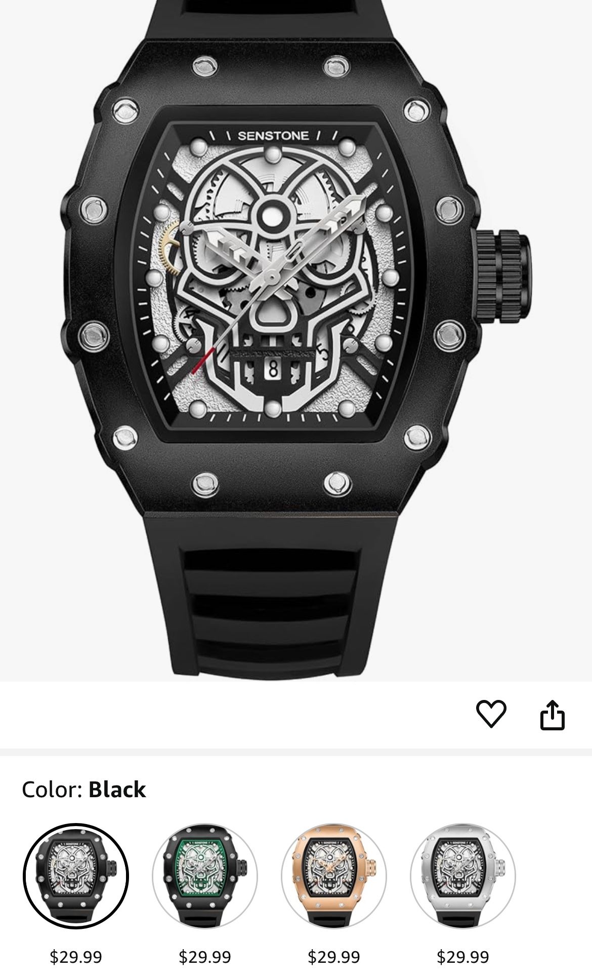 New In Box Mens Watches Retro Punk Skull Tonneau Skeleton Sports Wrist Watch Luminous with Rubber Silicone Band