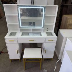 Makeup Vanity Set With LED Mirror Metal Stool White