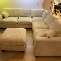 New Corduroy Sectional.  Off White / Beige.  99” X 99”.  Free Delivery!