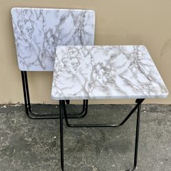 2 White Marble Finish Folding TV Tray Tables, Foldable Side Table Dinner Craft Trays - Super Bowl