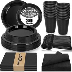 new Black Plastic Plates for Party,30 Guest Disposable Plastic Plate Set 9"Plates,7"Dessert Plates,Napkins,Cups,Forks & Tablecloth for Birthday,Hallow