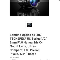 Edmund Optics 33-307 TECHSPEC® UC Series 1/2" 8mm F1.8 Manual Iris C-Mount Lens, Ultra-Compact, 1.85 Micron Pixels, 12 MP Rated