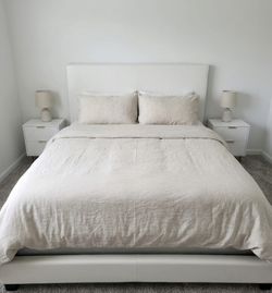 Queen Bed Frame, side tables and box springs