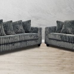 Gray Sofa And Loveseat With Corduroy Fabric 