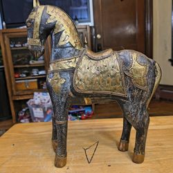 Horse. Solid Wood Inlaid With Copper And Brass