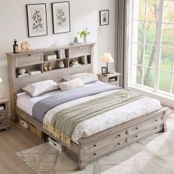 Farmhouse Queen Size Bed Frame with 54" Tall Bookcase Headboard - Light Rustic Oak  Farmhouse bed frame with a vintage industrial style, the overall d