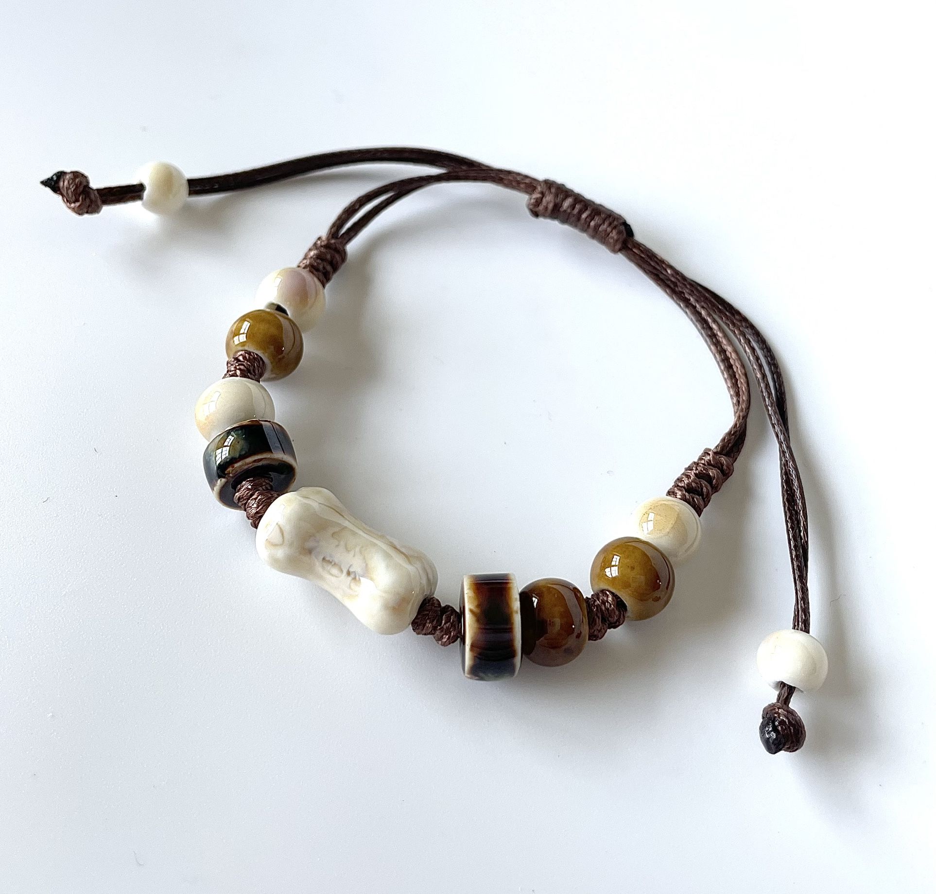 Ceramic macrame bracelet bohemian knotted cord adjustable tan brown
