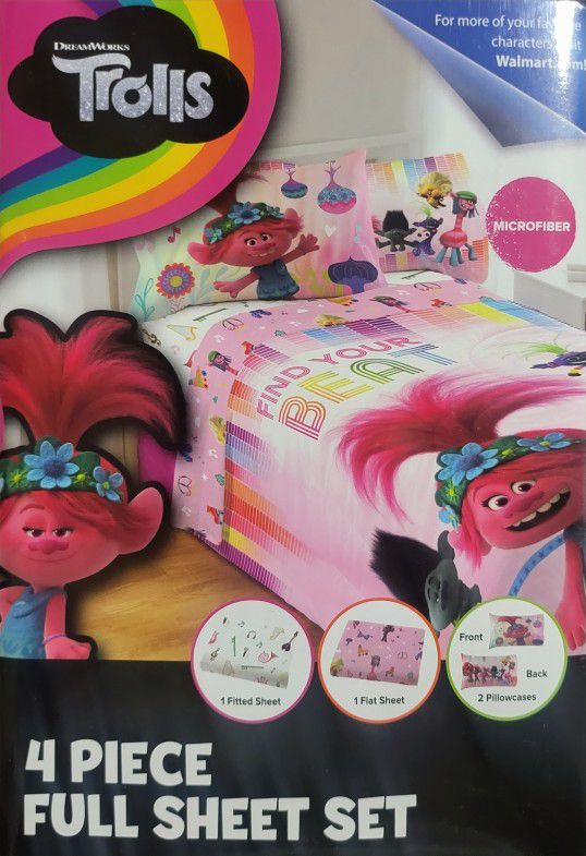 Trolls Kids Full Sheet Set, Pink and White, Dreamworks 4pc