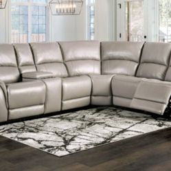 Brand New Light Grey Top Grain Leather Power Reclining Sectional Sofa 