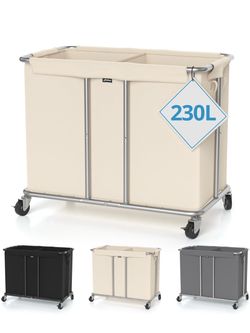 Rolling Laundry Hamper 2-Section, Beige, 31.5"Lx15.75W"x30.7"H