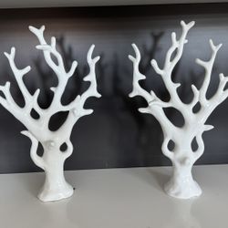 Set of 2 Modern High-Gloss White Coral Sculptures 14” Height x 11” Wide 