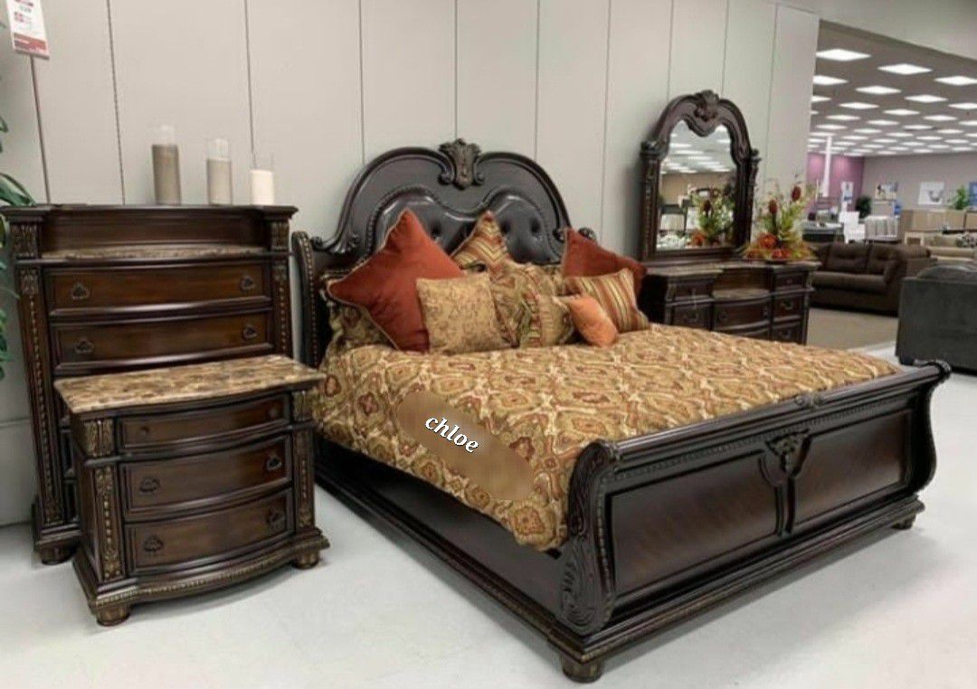 ••ASKdISCOUNTcOUPOn🍬stnly Cherry Brown Upholstered Sleigh Bedroom Set  🛎 queen King full twin bed dresser mirror nightstand bunk mattress /3pcs■