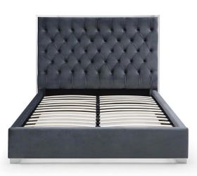 QUEEN Gray Velvet Tufted Upholstered Bed Frame With Chrome