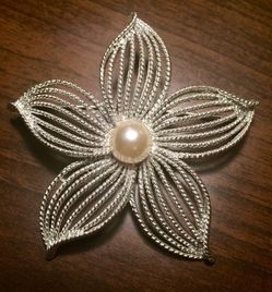 Stunning Large Silver Tone Moon Flower Pin from 1966 with Faux Pearl center