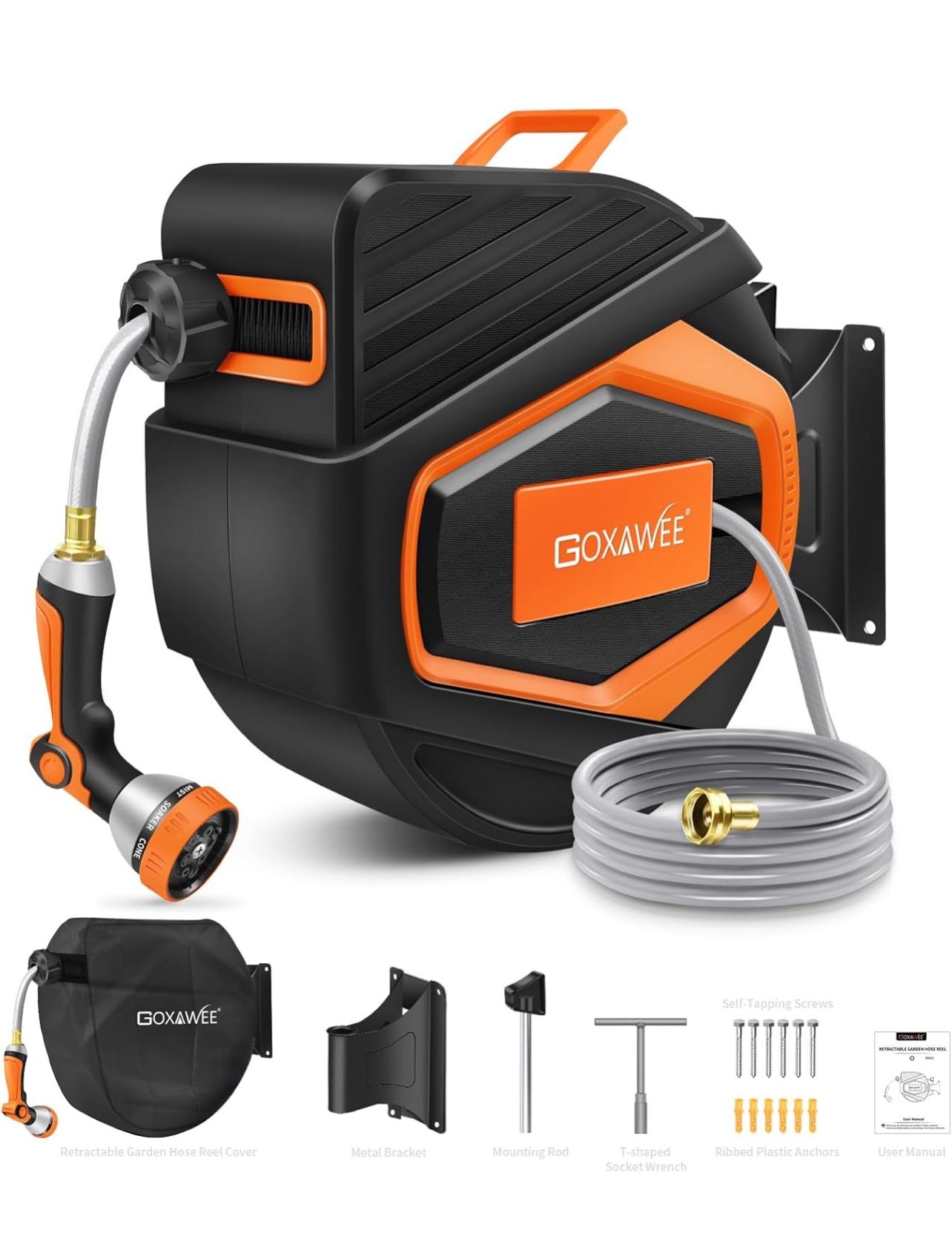 GOXAWEE Retractable Garden Hose Reel, 1/2" x 100 ft Upgraded UV Resistant Water Hose Reel Wall Mounted, Any Length Lock, Automatic Rewind, 180°Swivel