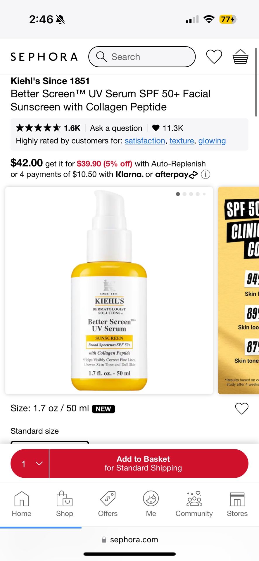 Kiehl's Since Better Screen UV Serum SPF 50+ Facial Sunscreen with Collagen Peptide