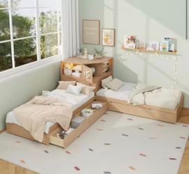 Harper & Bright Designs Natural (Yellow) Wood Frame Twin L-shaped Platform Bed with Trundle