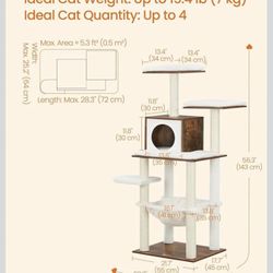 Feandrea 56" Cat Tree Modern Tower Multi-Level Plush Condo w/ Scratching Posts Hammock - Rustic Brown