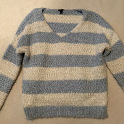 Blue and White Striped V-Neck Sweater