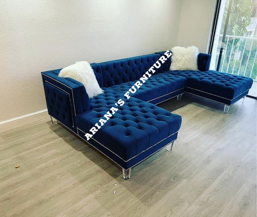 New Blue Velvet Sectional Double Chaise