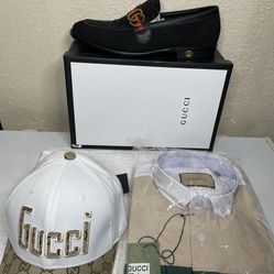 Gucci Shoes, Hat, And Dress Shirt 3 Piece Set.