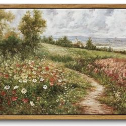 Framed Wall Art Vintage Landscape Pictures Wall Decor Spring Wildflowers Scenery 