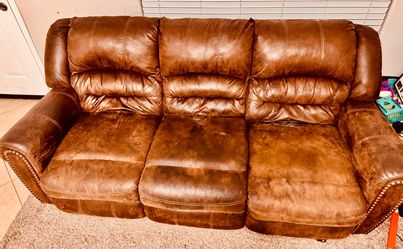 Brown Leather 3-Seat Sofa with Nailhead Trim