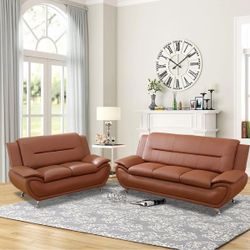 Brown Faux Leather Sofa and Loveseat Set