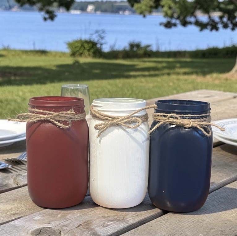 Chalk painted mason jars - red white blue patriotic 4th of July