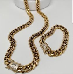 12MM Cuban Link Set 14K Gold Plated Doesn't Loses Color