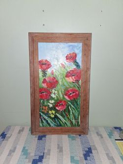 Framed Red Poppy Floral Oil Painting