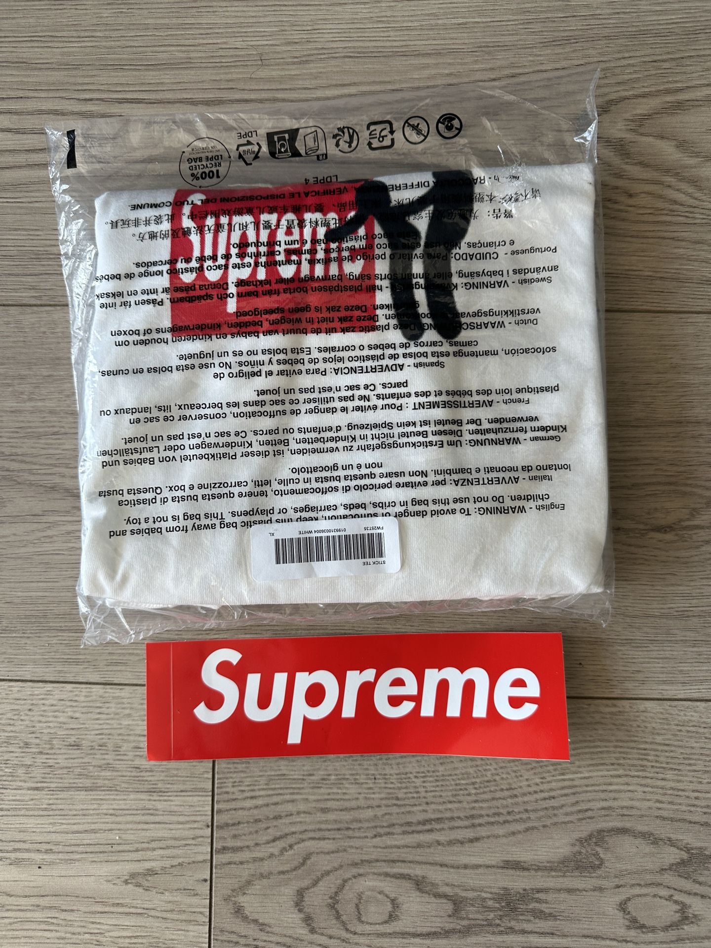 Supreme Stick Tee White Size XL FW25