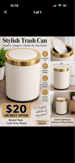 Stylish Swing-Top Trash Can White and Gold