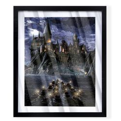 Custom art piece of hogwarts from Harry Potter on black frame
