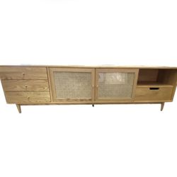 Mid-Century TV Table, Solid Wood Media Console, Rattan Bohemian Stand
