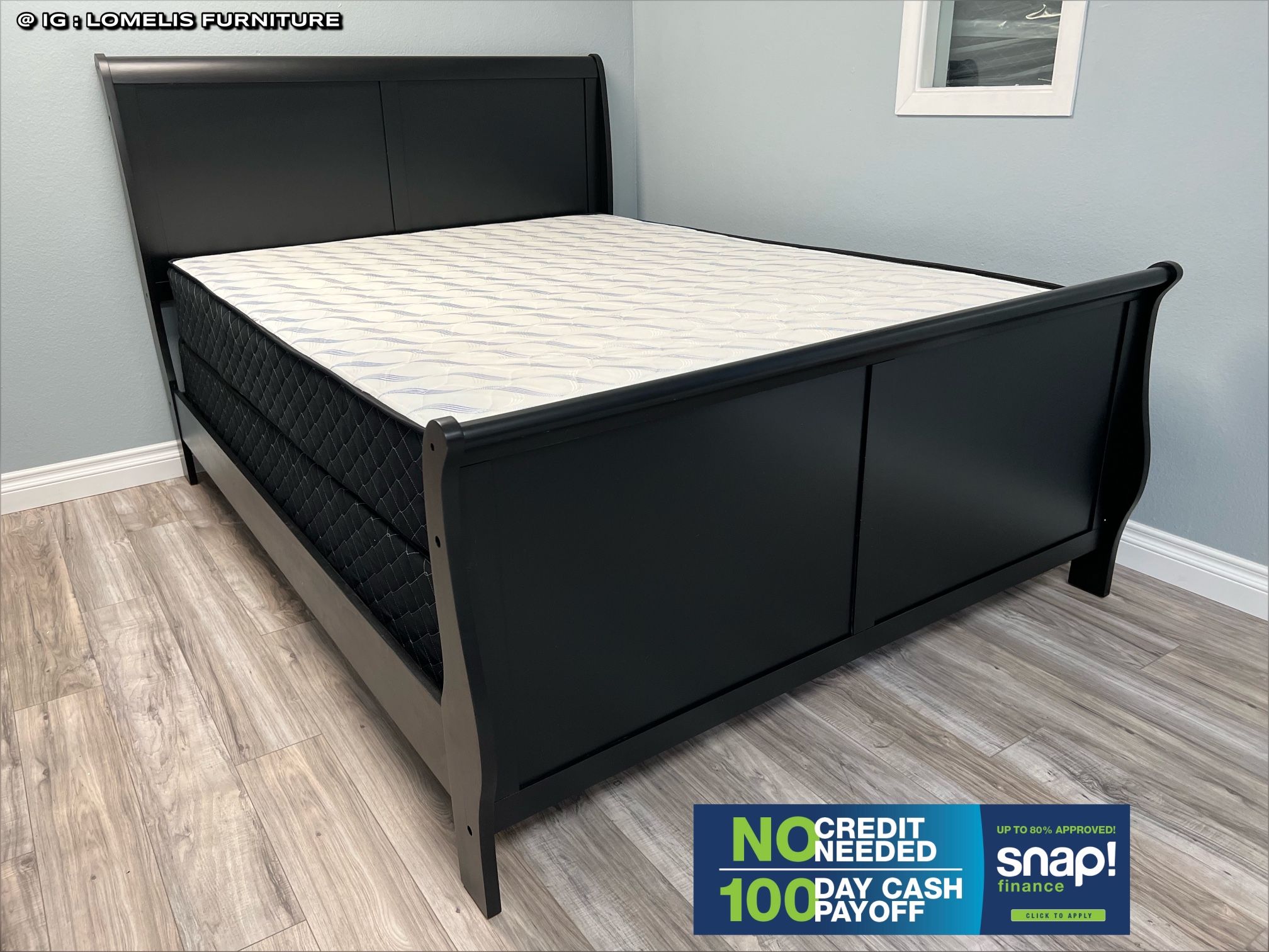 King Black Sleigh Bed W. Orthopedic Mattresses Included