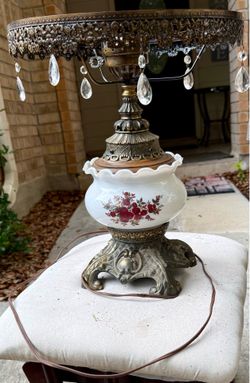 Vintage Mid Century Bronze base GWTW Hurricane Parlor Lamp Base - Milk Glass Red Roses Prisms