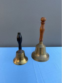 Pair of Brass Vintage  Bells with Wooden Handles, Collectible Brass Finish