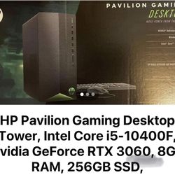 HP Pavilion Gaming Desktop Tower, Intel Core i5-10400F, Nvidia GeForce RTX 3060, 8GB RAM, 256GB SSD,