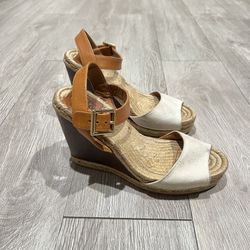 Tory Burch Espadrille Wedge Sandals Tan Leather white Canvas Ankle Strap Size 7