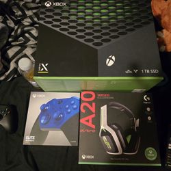 Xbox series x 1tbXbox elite series 2 blue controller, and Xbox a20 wireless headphones, With 4 games