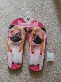 Pug Dog Flip Flops. Size Medium (7/8). New
