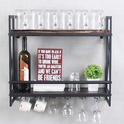 Rustic Wall Mounted Wine Racks with 6 Stem Glass Holder,24in Industrial Metal Hanging Wine Rack,2-Tiers Wood Shelf Floating Shelves,Home Room Living R