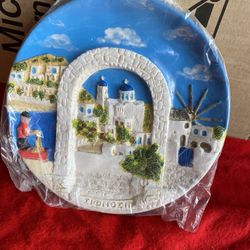 9 Inch Handmade Hand Painted In Greece Greek Plaster Greece Skyline Sifnos Wall Hanging Plate Imported From Greece 