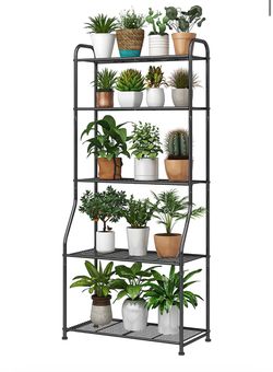 Plant Stand 5-Tier Plant Shelf for Indoor Outdoor, Waterproof Metal Tall Plant Stand for Living Room Bathroom Balcony Garden, Black