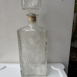 Vintage MCM Mid Century Four Roses Decanter Heavy Cut Glass Cork Top