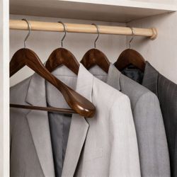 I0-Pack Wide-Shoulder Wooden Suit Coat Hanger With Anti-Slip Pants Bar, Solid Wood Jacket Hanger,