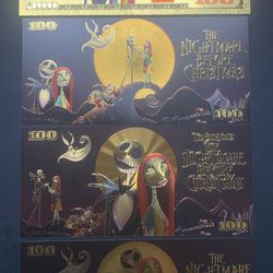 24 K Gold Plated Disney Collectible Nightmare Before Christmas Banknote Set Of 4 w COA & two 2025 P&D mint AU Pennie’s