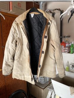 Carhartt Work Jacket Lined Beige/Tan Men’s Size L Vintage Distressed
