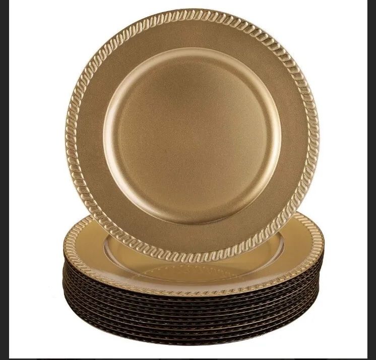 Antique Gold Plastic Charger Plates with fBeaded Rims, 13 in.